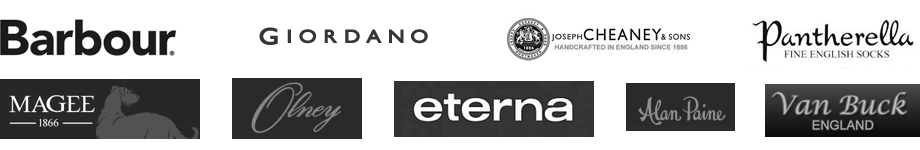 brand logos for Barbour, Giordano, Cheaney and sons, Pantherella, Magee, Olney, Eterna, Alan Paine and Van Buck