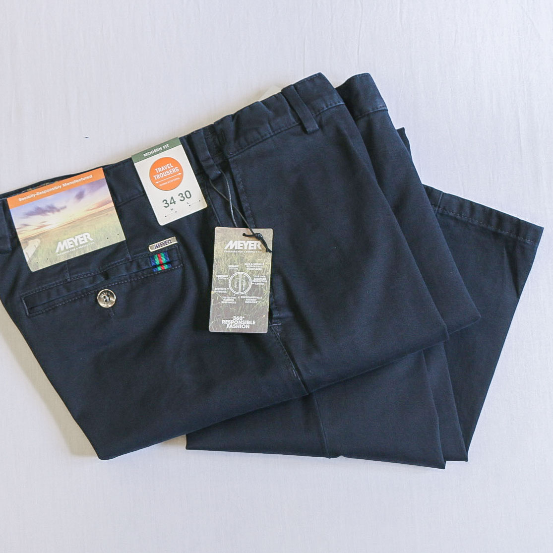 Meyer Organic Cotton Modern Fit Travel Trousers - Oslo Navy - County ...